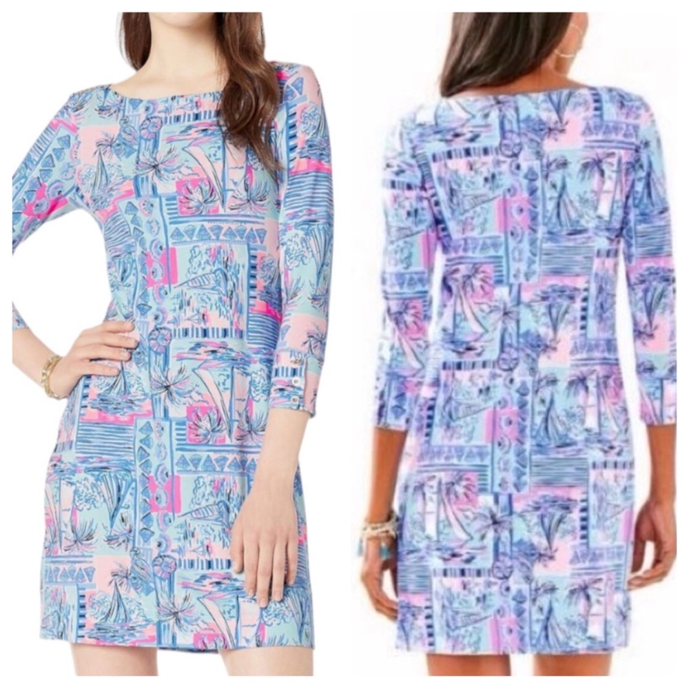 Lilly Pulitzer Blue& Pink Palm printed quarter sleeve “Sophie Dress” size large